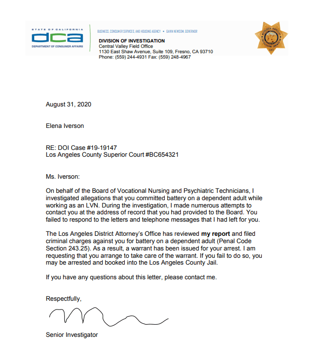 Sample CA Warrant for Arrest Letter