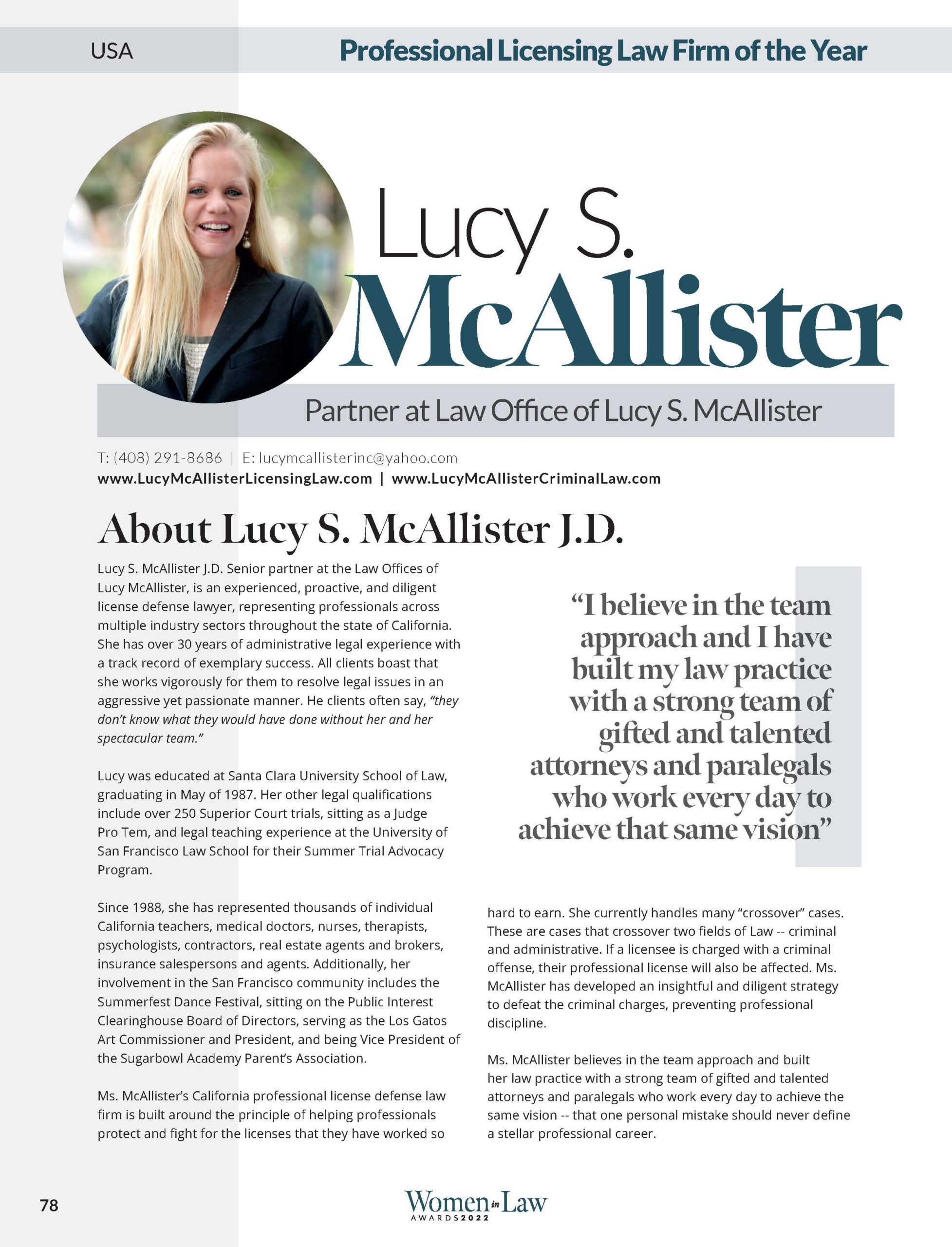 Lawyer Monthly Women In Law Awards 2022 Law Offices of Lucy McAllister is Professional Licensing Law Firm of the Year
